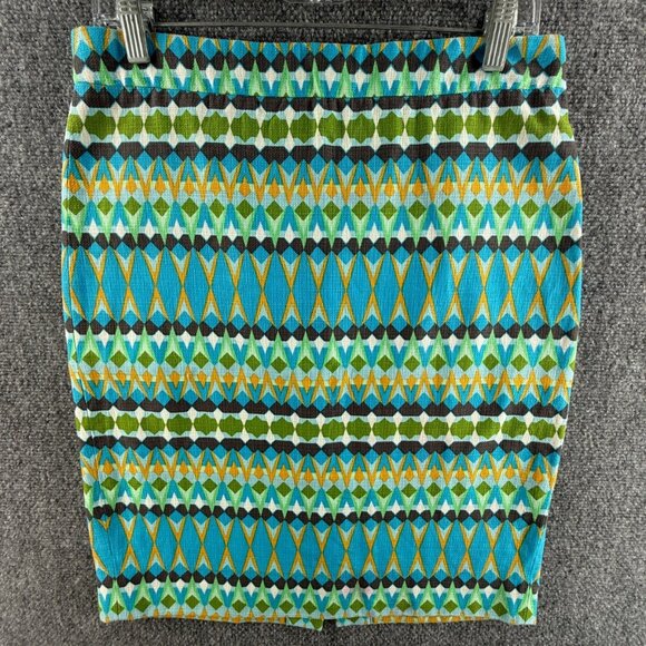 J Crew Pencil Skirt Women Green Blue Geometric Size 6 Back Zip Cotton Office - Picture 1 of 16